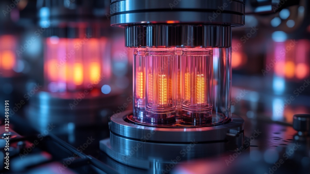 Poster Advanced quantum technology setup featuring qubits in glass containers, illustrating principles of superposition and entanglement in a research lab. Glowing elements indicate functional states.