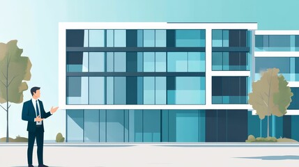 Man presenting modern building with glass windows.