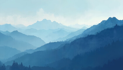 Illustration of blue mountain landscape. Layers of mountains receding into distance create calming panoramic panorama. Serene hills in blue gradient, peaceful background for graphic design wallpaper.