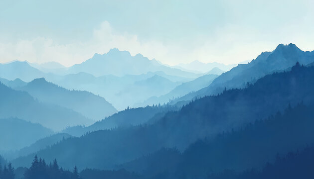 Illustration of blue mountain landscape. Layers of mountains receding into distance create calming panoramic panorama. Serene hills in blue gradient, peaceful background for graphic design wallpaper.