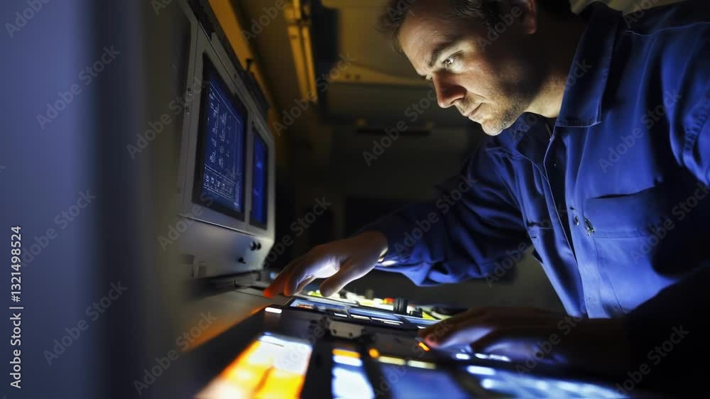 Poster focused technician in a blue uniform diligently operates a complex control panel bathed in orange li