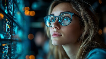 Focused Female Developer Engaged in Software Testing with Advanced Technology Interface