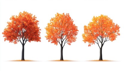 Fototapeta premium Three Autumn Trees Digital Illustration Pixel Art Style Orange Yellow Leaves White Background