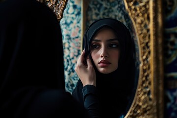 Woman in hijab adjusts head covering in mirror frame with ornate gold carving and colorful floral pattern.