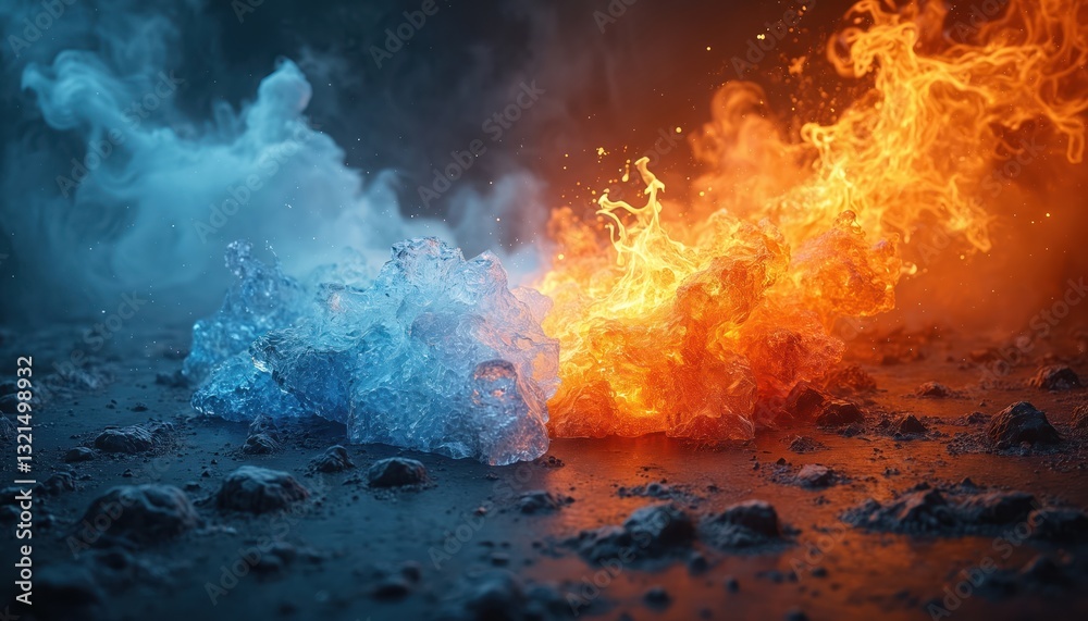 Aufkleber Fire and ice collide in dynamic display of heat against cold. Powerful abstract background, energy clash, vibrant red and blue colors, warm fire versus cool ice concept. Concept of opposites.