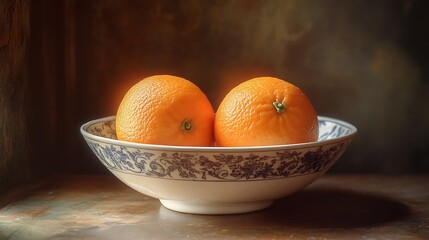 Two Ripe Oranges in Decorative Bowl Still Life Photography