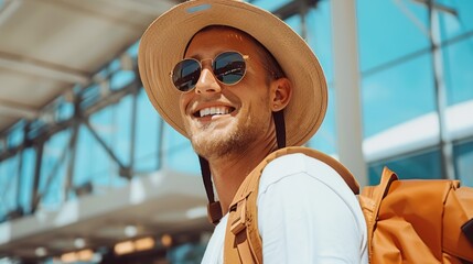 Smiling traveler with a hat and sunglasses at a sunny airport during an exciting journey