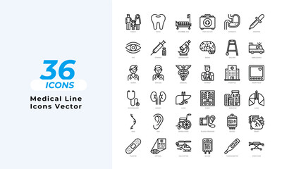 Medical Service Line Icons  Set Layout Vector Template. Vector illustration in line style of icons	
