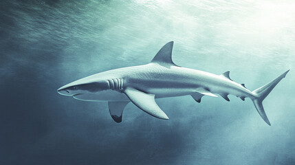 Fototapeta premium lone shark drifts in shallow turquoise waters