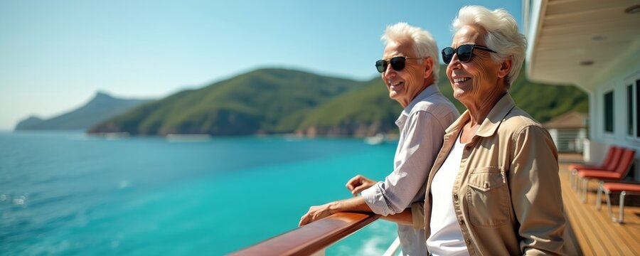 Happy mature couple enjoy cruise. Seniors bask sun on ship deck, admire scenic seascape. Older adults on dream retirement vacations, discover world wonders, living fulfilled aspirations. Pension
