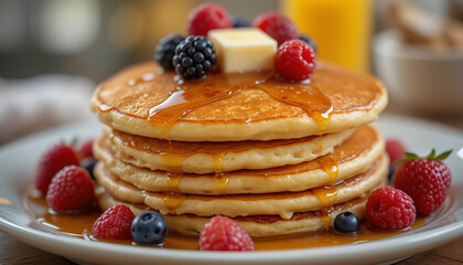 Fluffy Stack of Golden Pancakes with Maple Syrup, Butter, and Fresh Berries