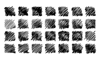 Naklejka premium Twenty eight hand drawn squares with varied hatched filling. Doodles and squiggles. Vector set