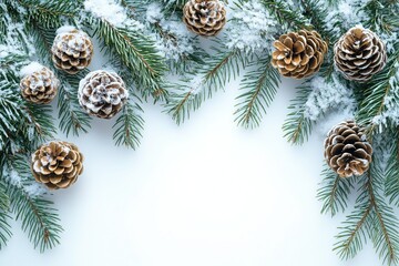 hristmas background with snow and pine branches isolated on a white background, top view. Flat lay decoration for a greeting card or banner template. New Year border frame design. High-resolution 