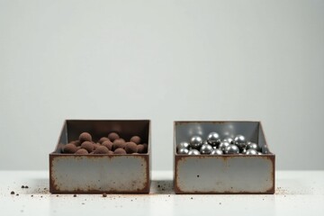 Rustic Metal Containers Hold Dark Chocolate Spheres and Metallic Balls, a Study in Contrasting Textures and Colors