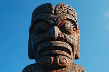 Carved wooden totem pole head