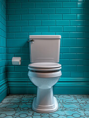 Bright turquoise bathroom features a white toilet
