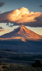 Fototapeta premium Magnificent snow covered mountain peak illuminated by golden light with dynamic clouds display
