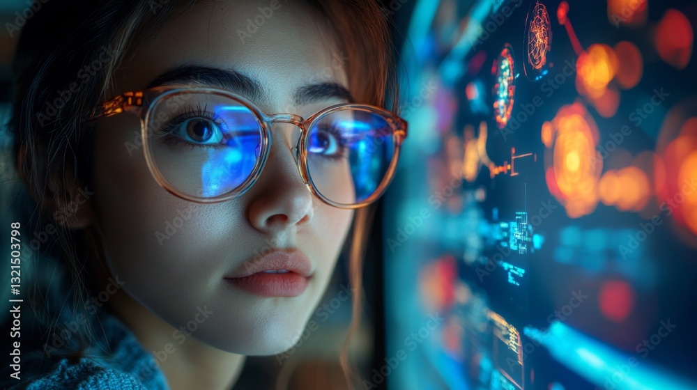 Leinwandbilder a young woman with glasses focuses intently on a glowing display showcasing quantum physics concepts
