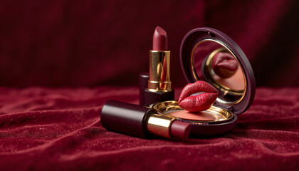 Elegant burgundy lipstick and compact mirror on velvet, beauty concept