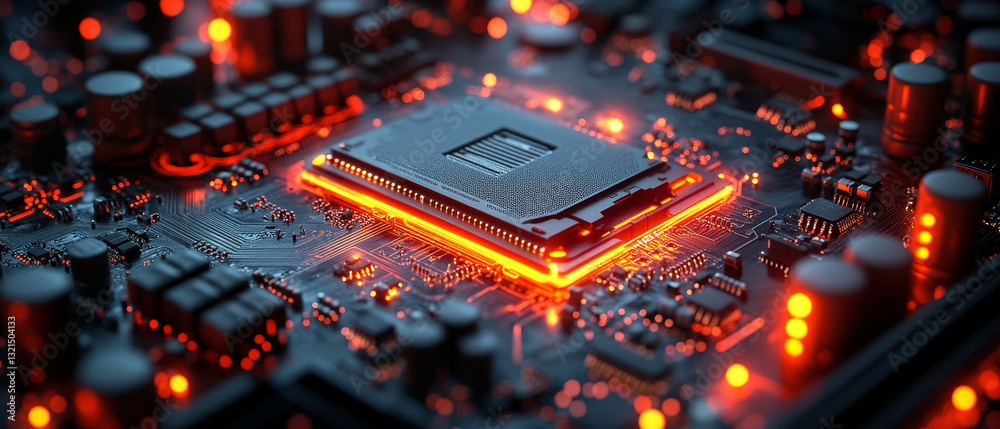 Poster futuristic microprocessor cooling system with glowing elements and circuits