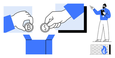 Hands dropping Bitcoin and Dollar coins into a donation box beside a presenter pointing at a flame icon. Ideal for finance, cryptocurrency, donations, business pitches, teamwork, digital economy