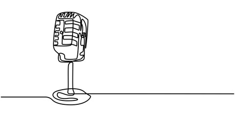 A continuous drawing of a microphone. Microphone icon. Microphone icon on a white background. Modern illustration. Microphone line art, Continuous Line Drawing of Karaoke Icon. Hand Drawn Symbol. 