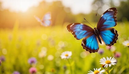 Peacock butterfly fluttering over wildflowers in sunlit meadow, natural beauty