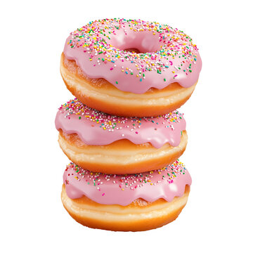 Delightful tower of three freshly baked pink frosted donuts covered in a shiny glaze and topped with a vibrant assortment of colorful sprinkles all set against a transparent background