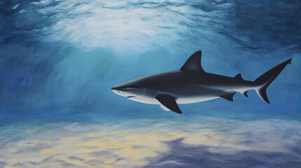 solitary shark swims over sandy seabed in tranquil waters