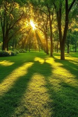 Fototapeta premium Sunbeams filtering through trees on a grassy park