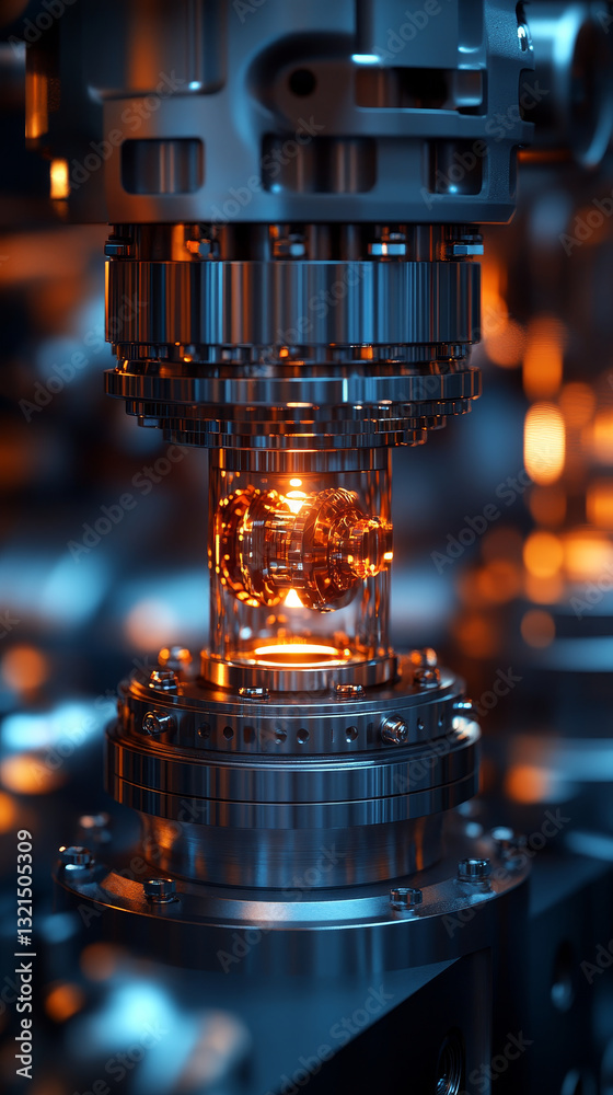 Poster intricate metallic engine component with glowing elements and precision design