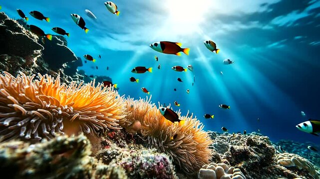 Macro view of a coral reef&rsquo;s intricate biodiversity, featuring fluorescent anemones with radial tentacle formations. Schools of tiny fish navigate through the vibrant coral