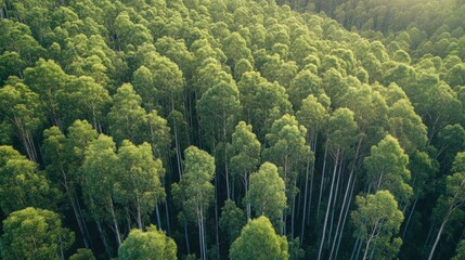 Aerial view of a vibrant eucalyptus forest canopy basking in sunlight