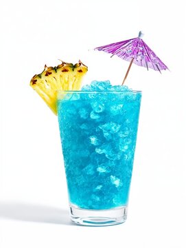 Un refrescante c&oacute;ctel azul con hielo, decorado con pi&ntilde;a y un peque&ntilde;o paraguas de papel.