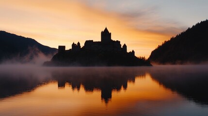 Castle silhouette at sunrise over lake
