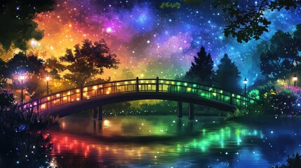 Colorful bridge reflects into the tranquil water at night time