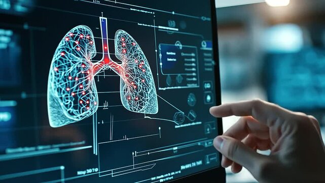 High-tech kidney function interface, where a scientist&rsquo;s hand adjusts nephron activity data on a transparent digital display.