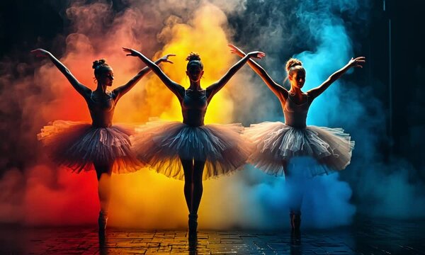Three ballerinas in tutus, colorful smoke background