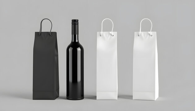 Blank tall black and white wine bottle bag mockup set, isolated, 3d rendering. Empty carry handbag for wine or vodka mock up. Clear paper packaging for store branding template, cinematic. White tone