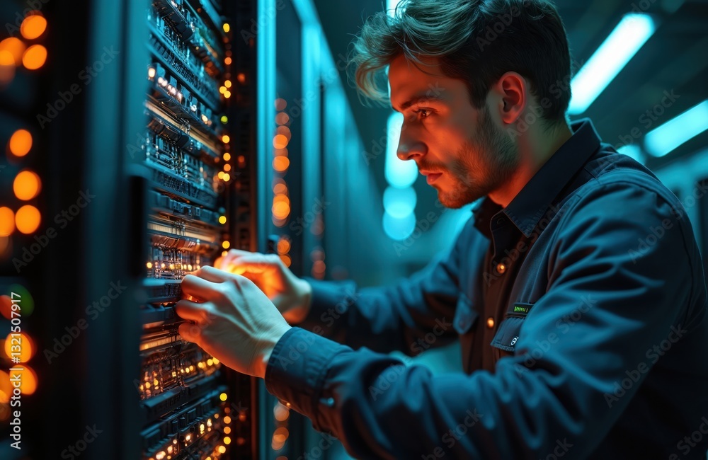 Leinwandbilder focused technician works on server racks in data center at night. engineer troubleshoots hardware, e