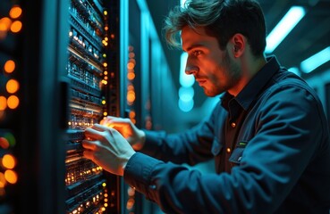 Focused technician works on server racks in data center at night. engineer troubleshoots hardware, ensures connectivity, optimizes network performance. Person upgrades equipment, maintains data