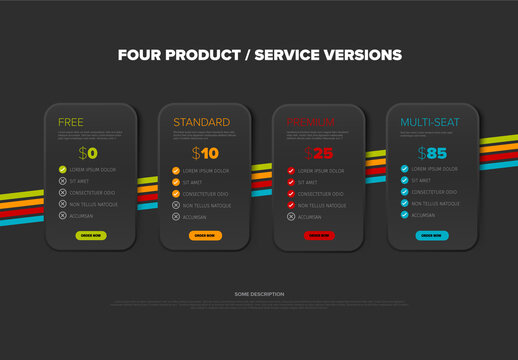 Dark Template with four subscription product options - free, standard, proffesional, multi seat team with features lists