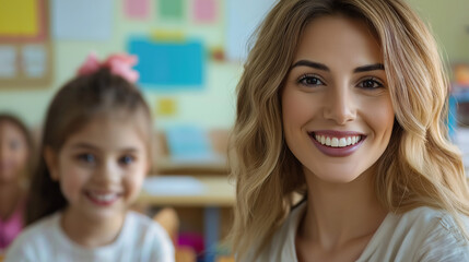 Obraz premium Elementary school teacher and student enjoying learning experience in classroom, education, kids, positive learning environment, teacher, elementary school, classroom, education, happy student, post