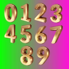 gold numbers set, gold numbers set on pink and green background, gold numbers set, 3d gold numbers, Vector golden numbers. Set of gold numbers