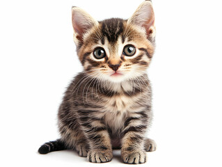 Fototapeta premium Cute tabby kitten sitting, looking directly at the camera with big expressive eyes and fluffy fur.
