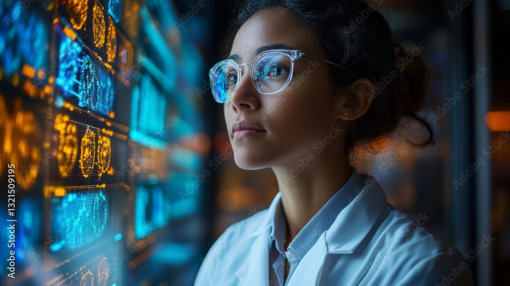 Poster A researcher in a lab examines data related to quantum physics, focusing on qubits and superposition in a complex energy experiment.