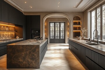 Elegant kitchen featuring dark cabinetry marble countertops herringbone floors and natural light from large windows Modern design