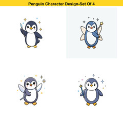 Cute cartoon penguins ice skating together in a winter wonderland setting, enjoying their playful activity