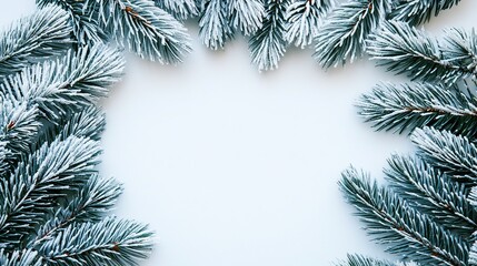 Frost-covered evergreen branches framing a blank white space, perfect for festive seasonal designs.