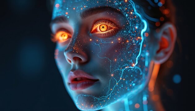Close-up of woman face with futuristic digital biosensors, displaying advanced health monitoring tech. Orange glowing eyes. Biometric data collection, face identification, body analysis, healthcare